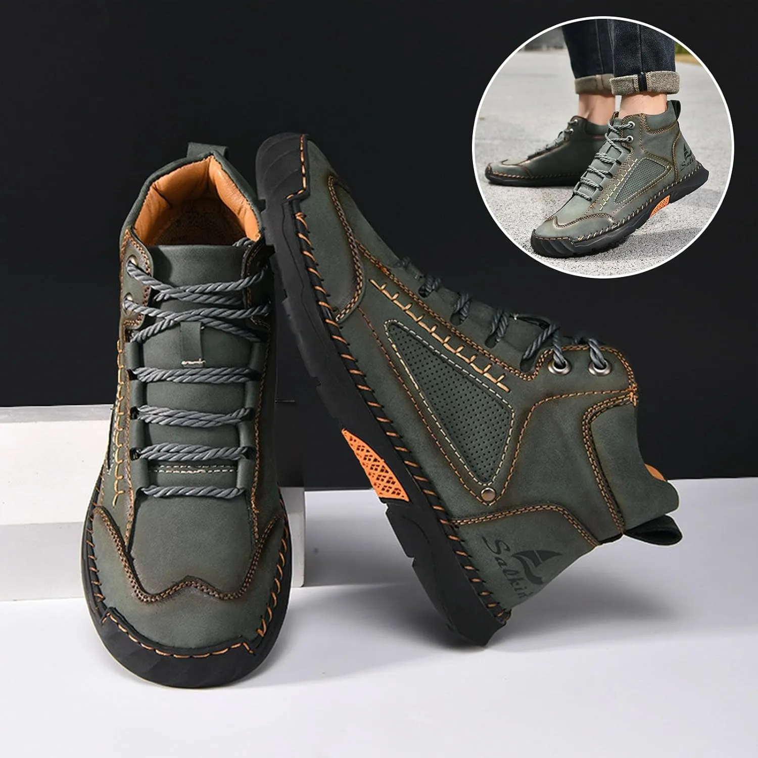 Sawbehind, Sawbehind Men's Comfortable Handmade Leather Boots, Arch Support Flat Sole Waterproof Everyday Wear