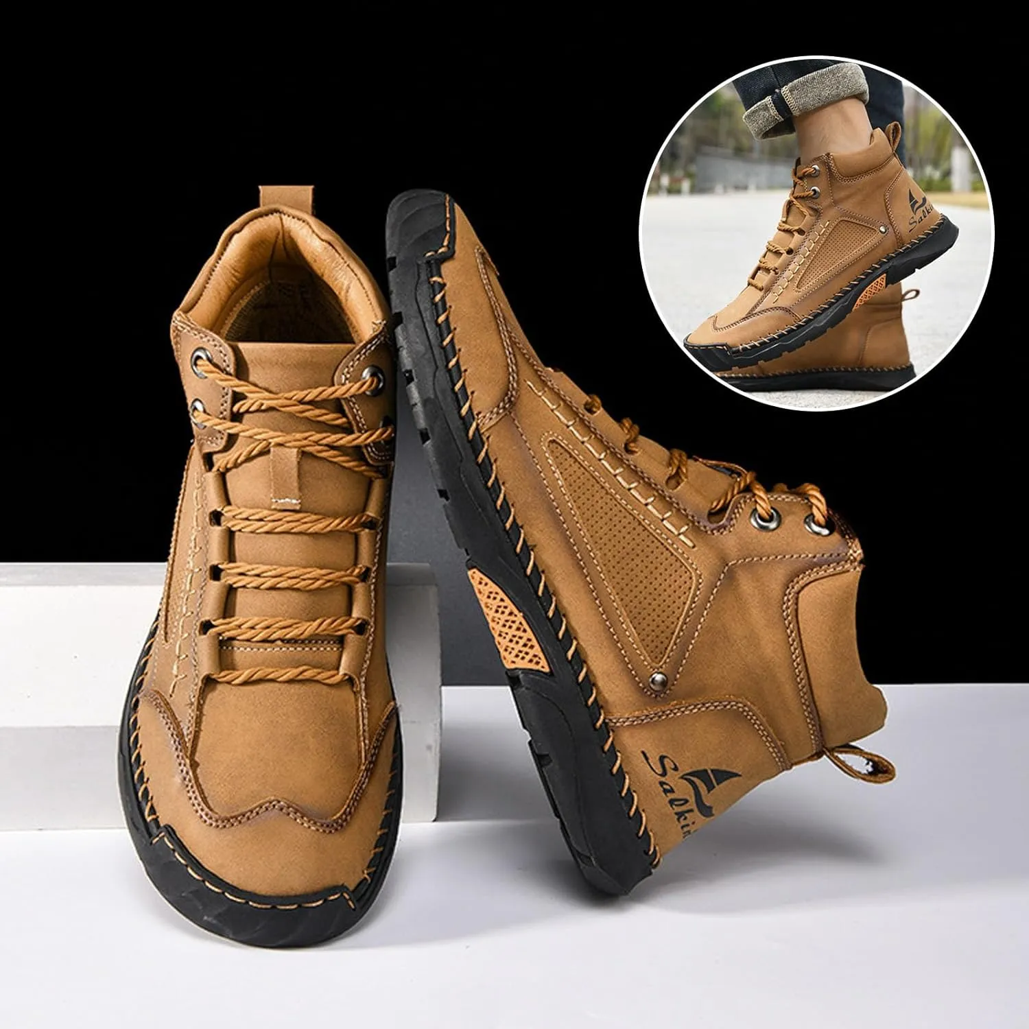 Sawbehind, Sawbehind Men's Comfortable Handmade Leather Boots, Arch Support Flat Sole Waterproof Everyday Wear