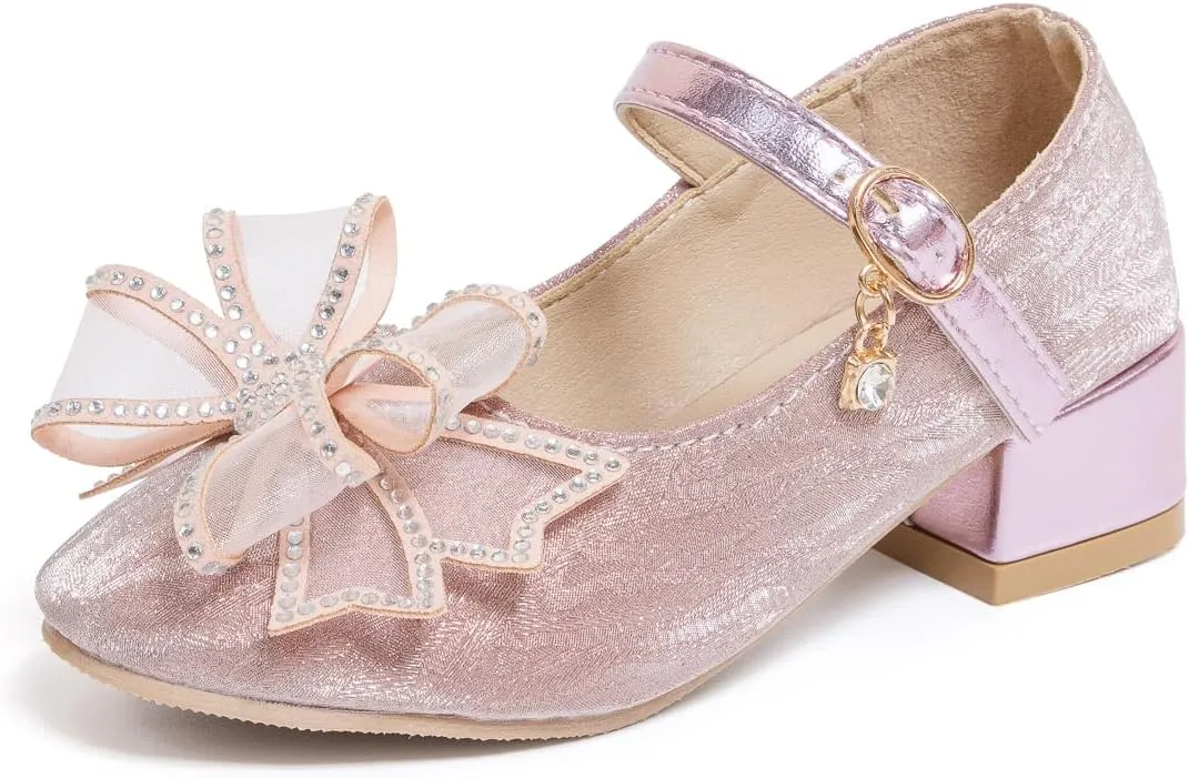 Sawimlgy Girls Sparkle Dress Shoes Toddler Glitter Princess Heels Kids Bows Mary Jane Girl Shoes for Wedding Party Dance Costume Easter
