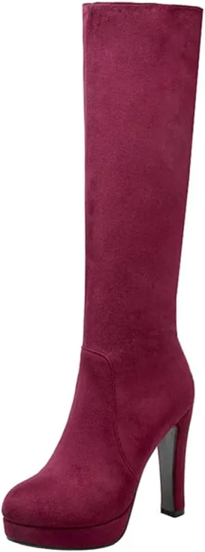Scaoruki Women Elegant Mid Top Boots Block Heels High Boots Platform