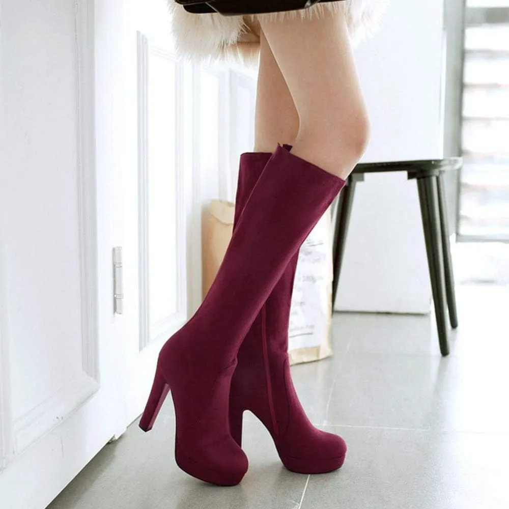 Scaoruki Women Elegant Mid Top Boots Block Heels High Boots Platform