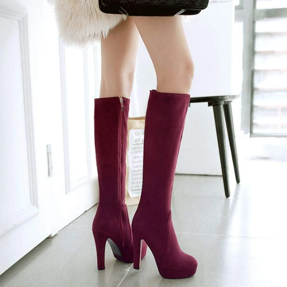 Scaoruki Women Elegant Mid Top Boots Block Heels High Boots Platform