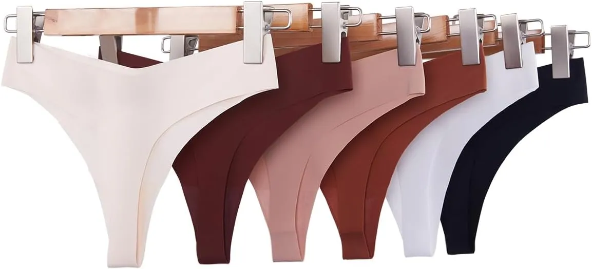 Seamless Thongs for Women No Show Thong V-waisted Stretch Breathable Sexy Panties Underwear 6 Pack