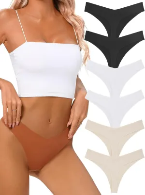 Seamless Thongs for Women No Show Thong V-waisted Stretch Breathable Sexy Panties Underwear 6 Pack
