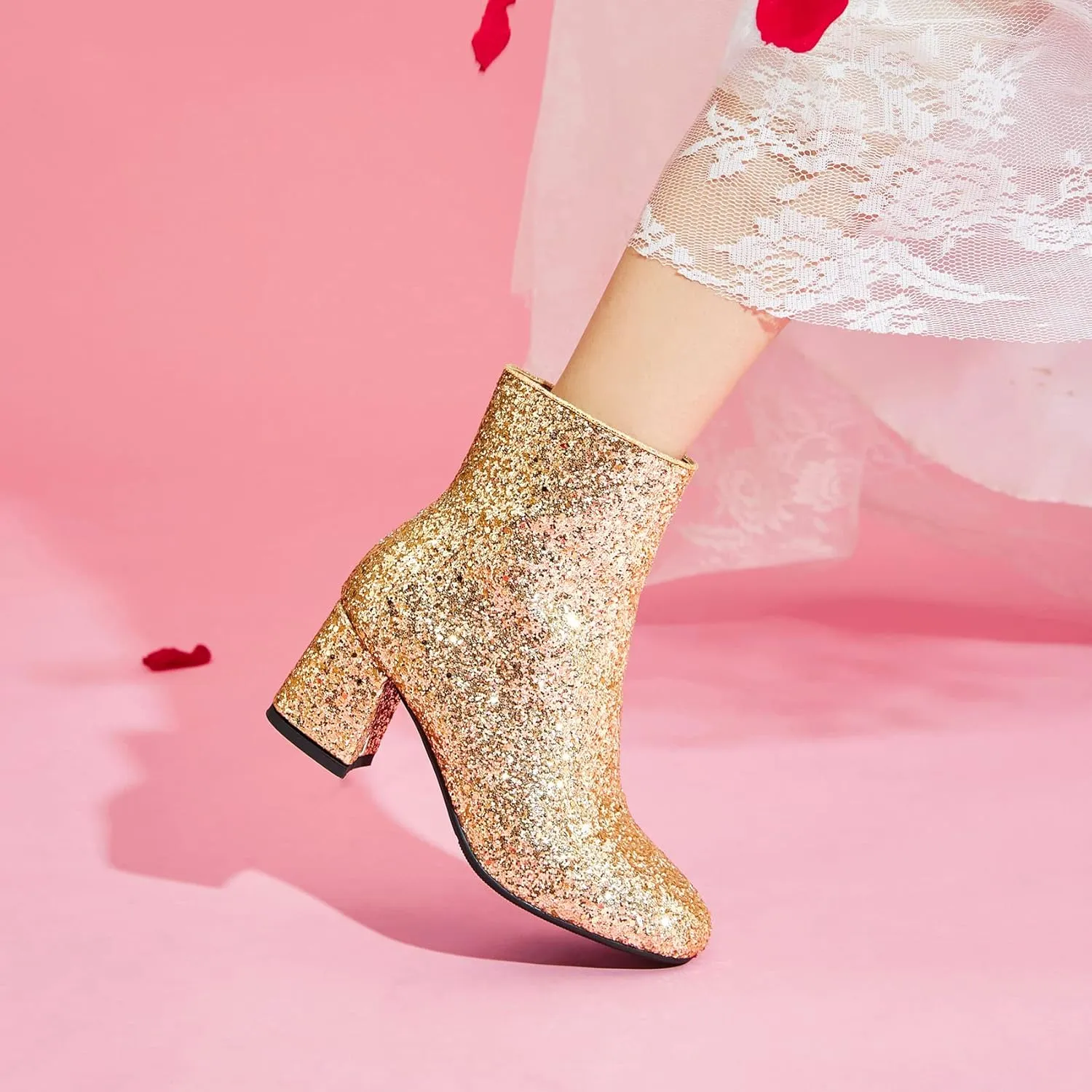 SEIFIN Women's Sequins Glitter Chunky Heel Ankle Boots Sparkly Wedding Bridal Party Dress Shoes Block Mid Heels Side Zipper Booties
