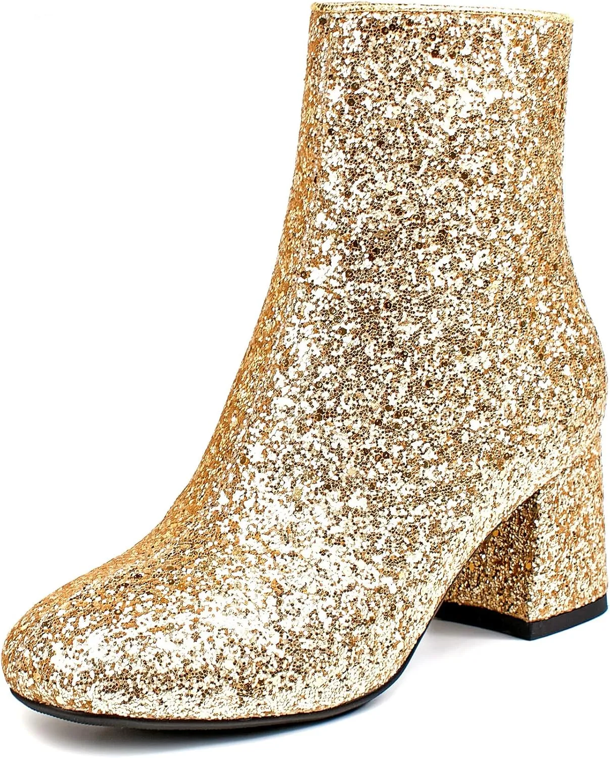 SEIFIN Women's Sequins Glitter Chunky Heel Ankle Boots Sparkly Wedding Bridal Party Dress Shoes Block Mid Heels Side Zipper Booties