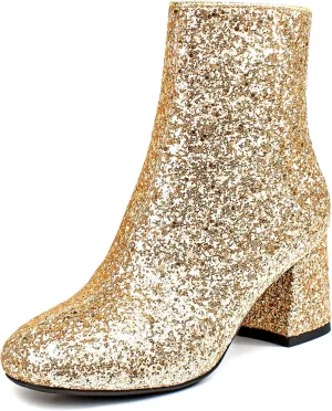 SEIFIN Women's Sequins Glitter Chunky Heel Ankle Boots Sparkly Wedding Bridal Party Dress Shoes Block Mid Heels Side Zipper Booties