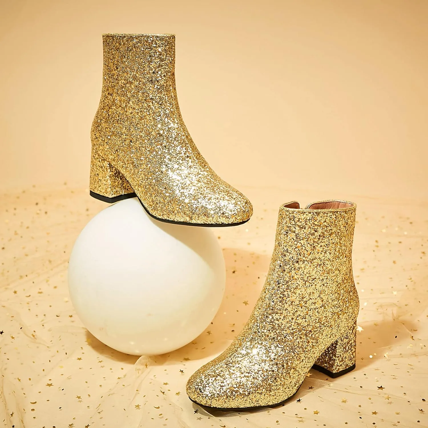 SEIFIN Women's Sequins Glitter Chunky Heel Ankle Boots Sparkly Wedding Bridal Party Dress Shoes Block Mid Heels Side Zipper Booties