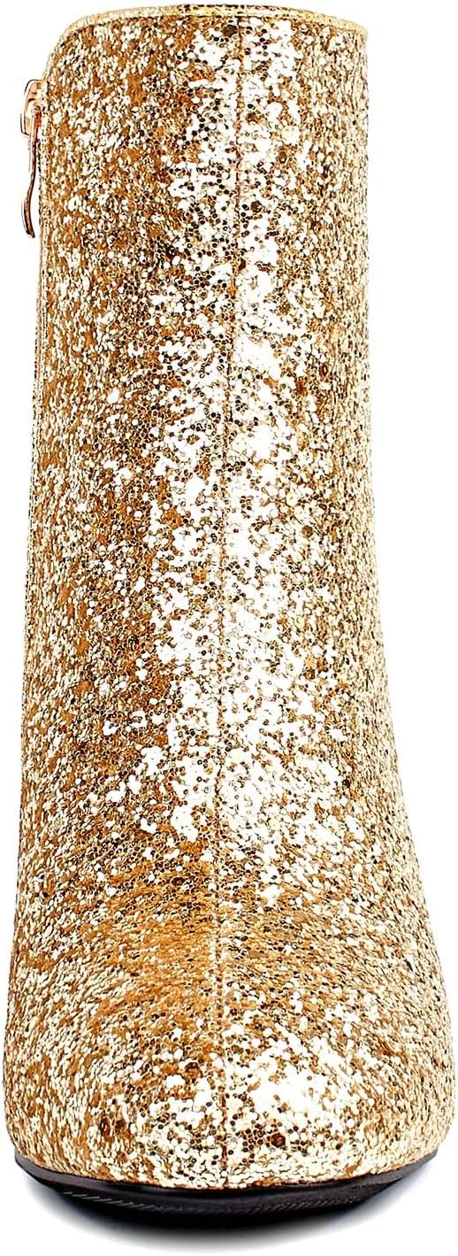 SEIFIN Women's Sequins Glitter Chunky Heel Ankle Boots Sparkly Wedding Bridal Party Dress Shoes Block Mid Heels Side Zipper Booties