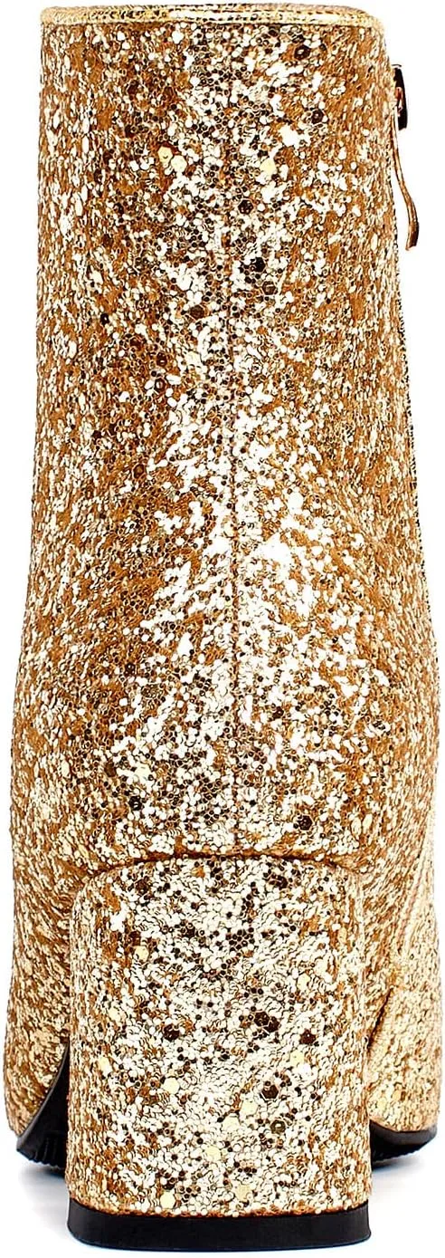 SEIFIN Women's Sequins Glitter Chunky Heel Ankle Boots Sparkly Wedding Bridal Party Dress Shoes Block Mid Heels Side Zipper Booties
