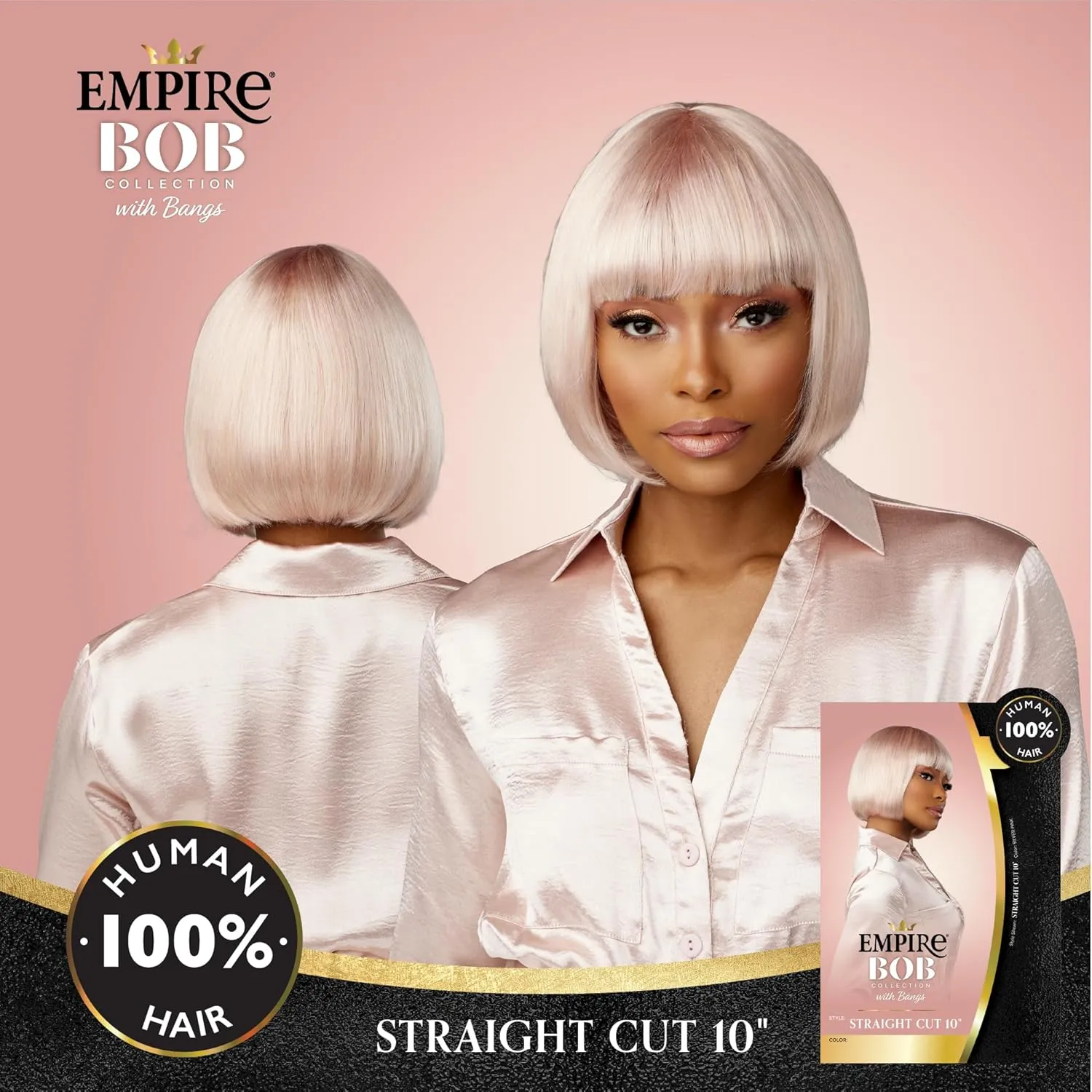 Sensationnel Empire Bob Humanhair Wig - Straight Cut Face Framing Mesh Cap for Comfort With Bangs (10 inch, 2 DARKBROWN)