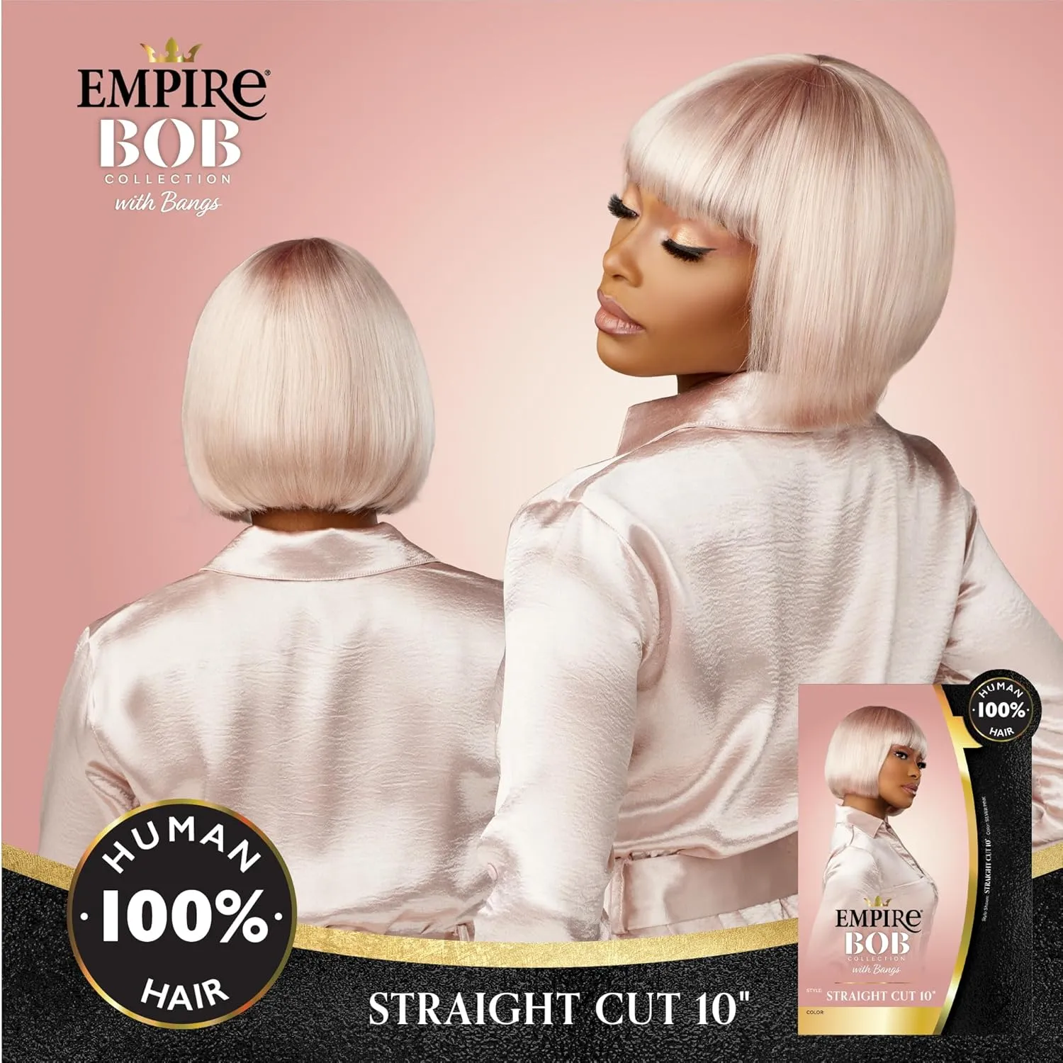 Sensationnel Empire Bob Humanhair Wig - Straight Cut Face Framing Mesh Cap for Comfort With Bangs (10 inch, 2 DARKBROWN)
