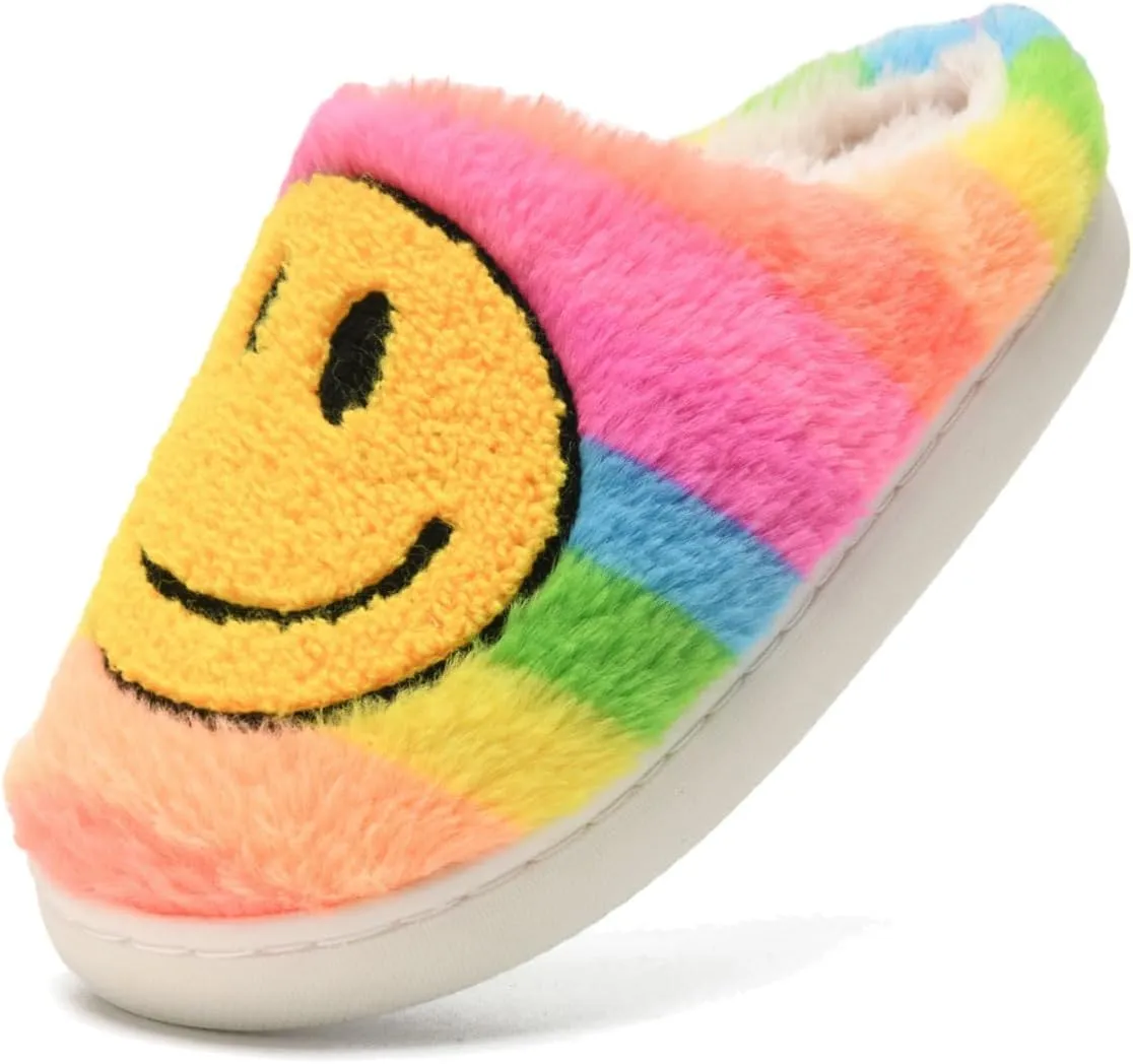 Sharllen Kids Happy Face Fuzzy Cozy Non-Slip Toddler Girls Boys Slide Slippers Plush Cute Warm Soft Socks Shoes for Little Big Kids Winter Indoor Outdoor