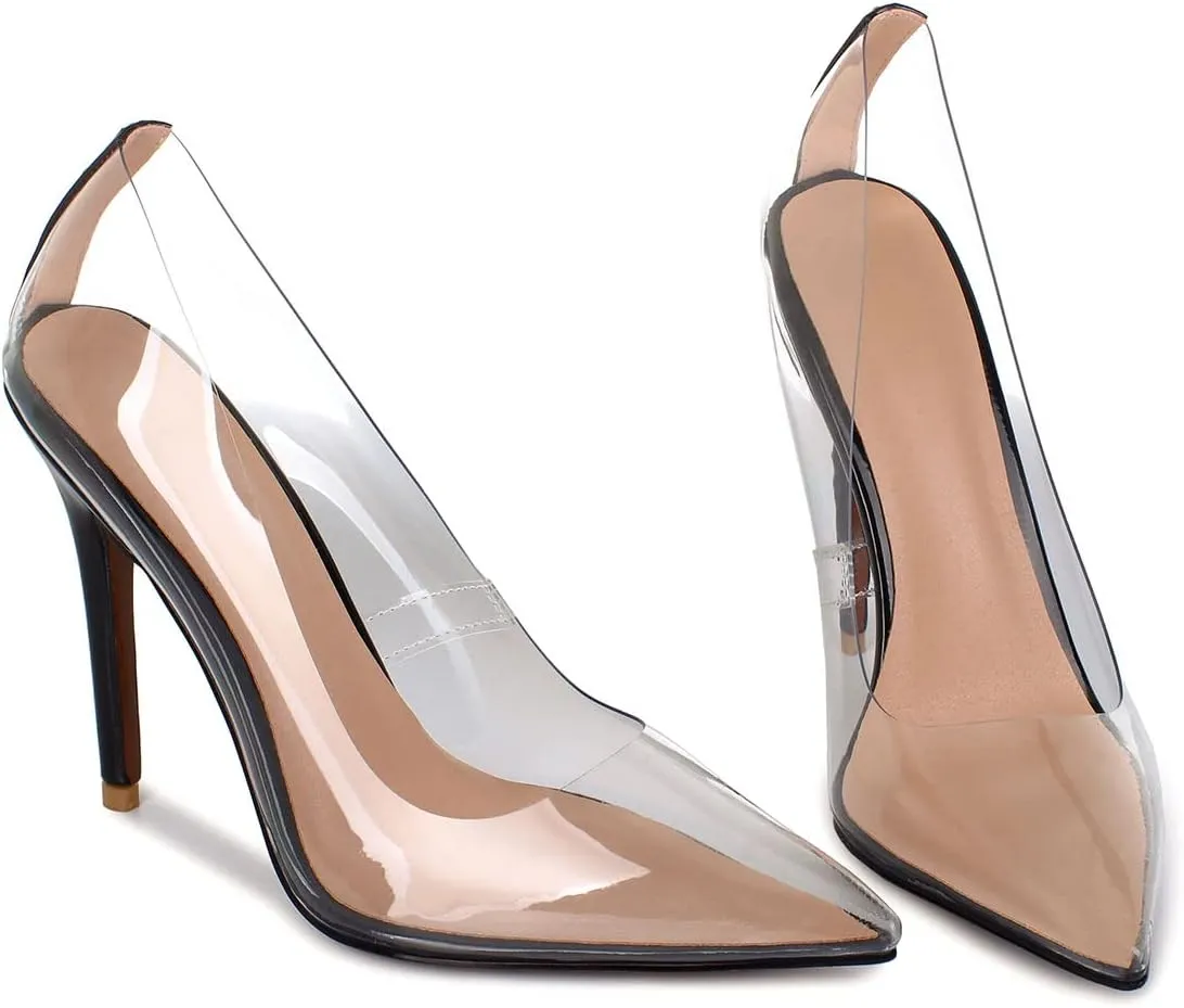 SHEMEE Women's Clear Stiletto High Heel Pumps Pointed Toe Transparent PVC Thin Heels Elegant Court Shoes