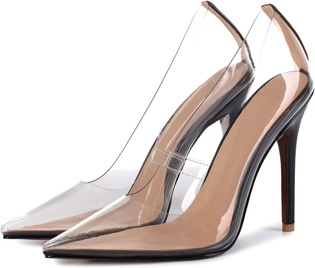 SHEMEE Women's Clear Stiletto High Heel Pumps Pointed Toe Transparent PVC Thin Heels Elegant Court Shoes