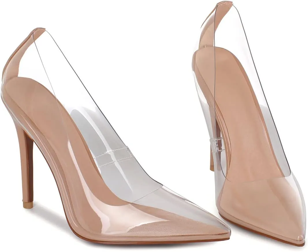SHEMEE Women's Clear Stiletto High Heel Pumps Pointed Toe Transparent PVC Thin Heels Elegant Court Shoes