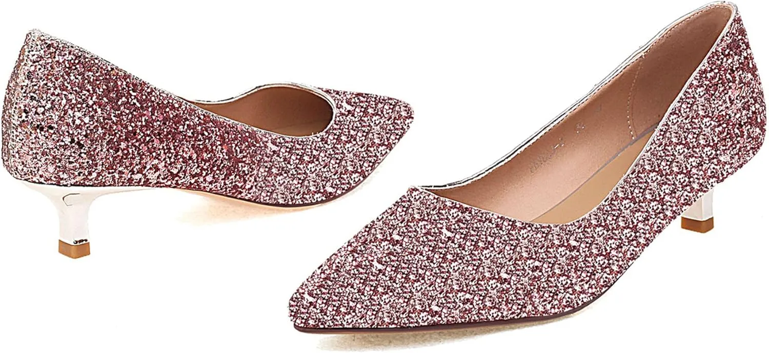 SHEMEE Women's Sequin Kitten Heel Wedding Pumps Pointed Toe Sparkly Party Wear Glitter Bridal Shoes