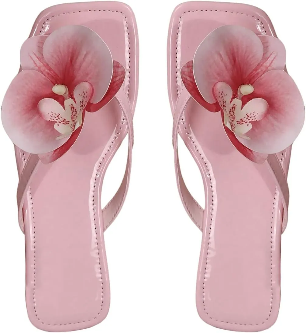 SHENHE Women's Flower Flat Sandals Square Open Toe Comfortable Outdoor Casual Summer Slippers