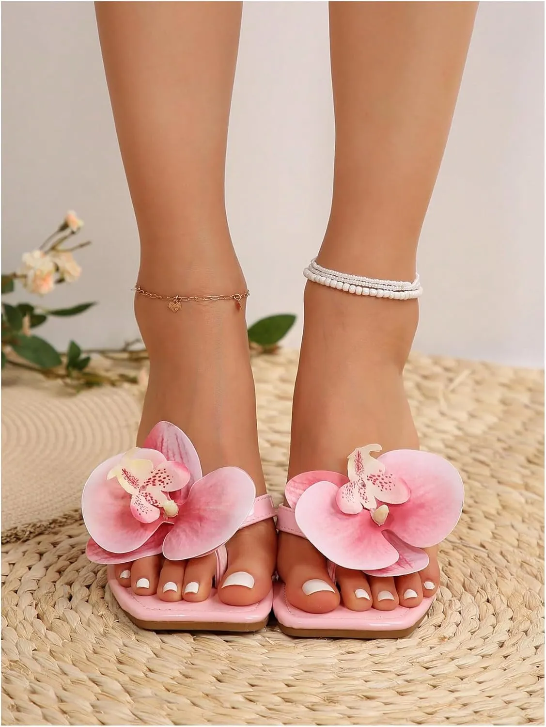 SHENHE Women's Flower Flat Sandals Square Open Toe Comfortable Outdoor Casual Summer Slippers