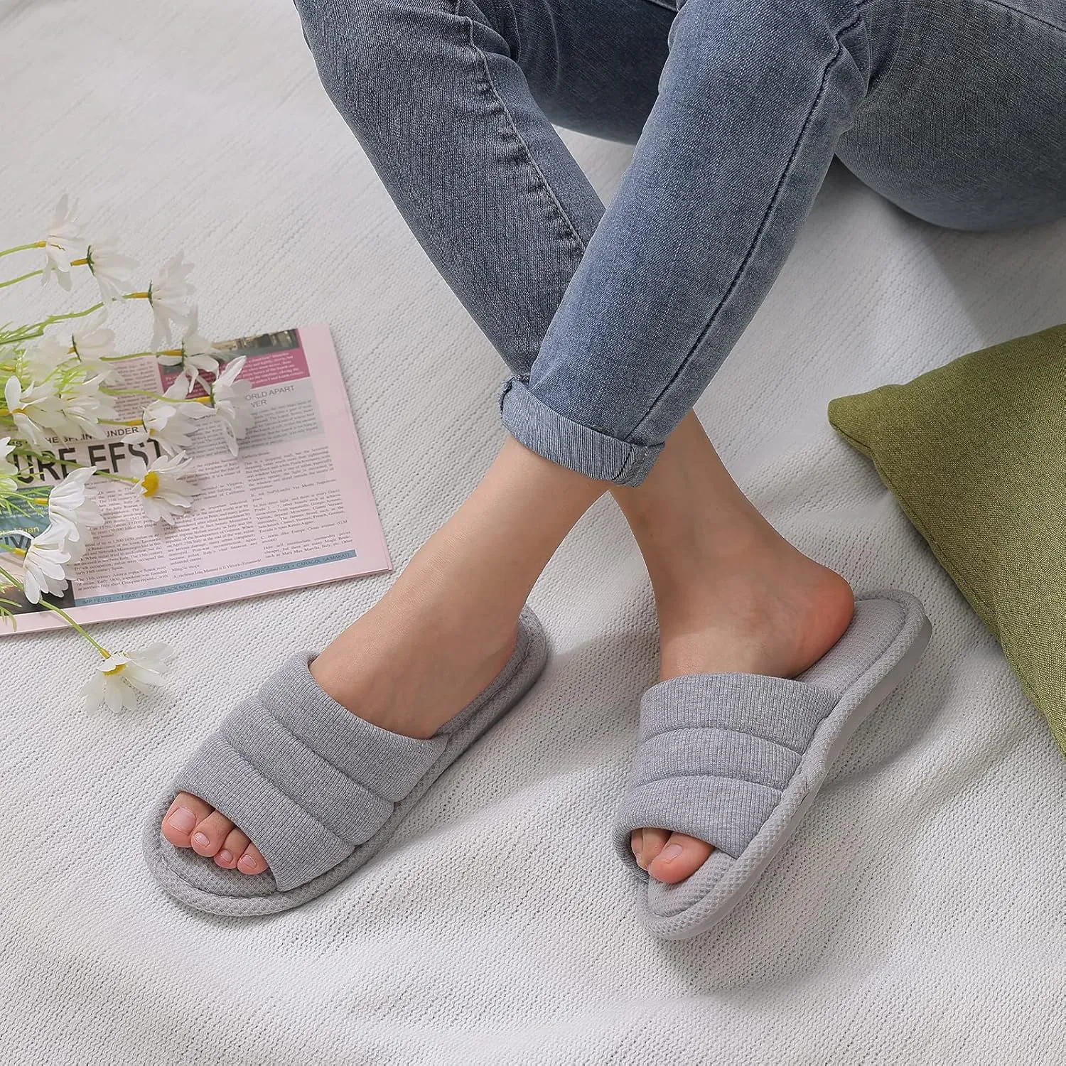 shevalues Summer House Slippers for Women Men Breathable Waffle Indoor Slippers Slip-on Open Toe Home Shoes