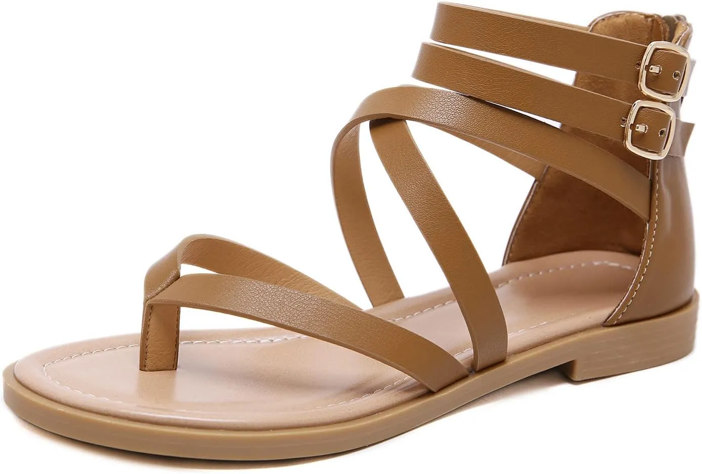 SHIBEVER Gladiator Strappy Sandals for Women: Dressy Summer Comfortable Flat, Back Zipper Roman Comfy Womens Sandals