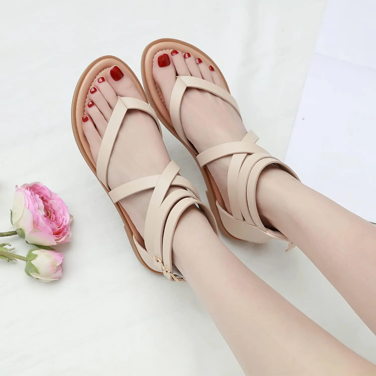 SHIBEVER Gladiator Strappy Sandals for Women: Dressy Summer Comfortable Flat, Back Zipper Roman Comfy Womens Sandals
