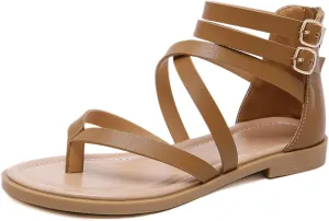 SHIBEVER Gladiator Strappy Sandals for Women: Dressy Summer Comfortable Flat, Back Zipper Roman Comfy Womens Sandals