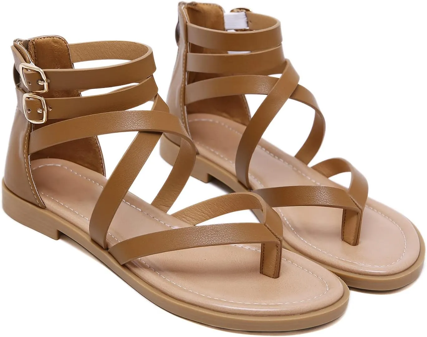 SHIBEVER Gladiator Strappy Sandals for Women: Dressy Summer Comfortable Flat, Back Zipper Roman Comfy Womens Sandals