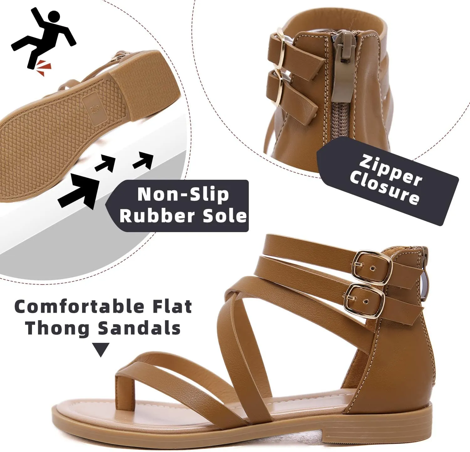 SHIBEVER Gladiator Strappy Sandals for Women: Dressy Summer Comfortable Flat, Back Zipper Roman Comfy Womens Sandals