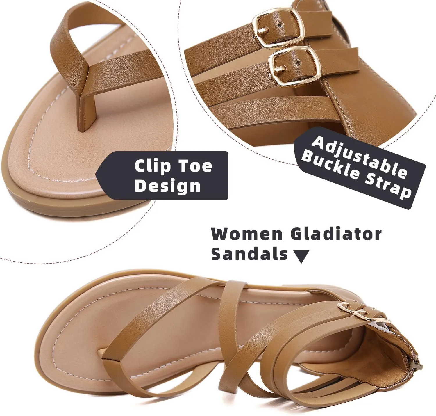 SHIBEVER Gladiator Strappy Sandals for Women: Dressy Summer Comfortable Flat, Back Zipper Roman Comfy Womens Sandals