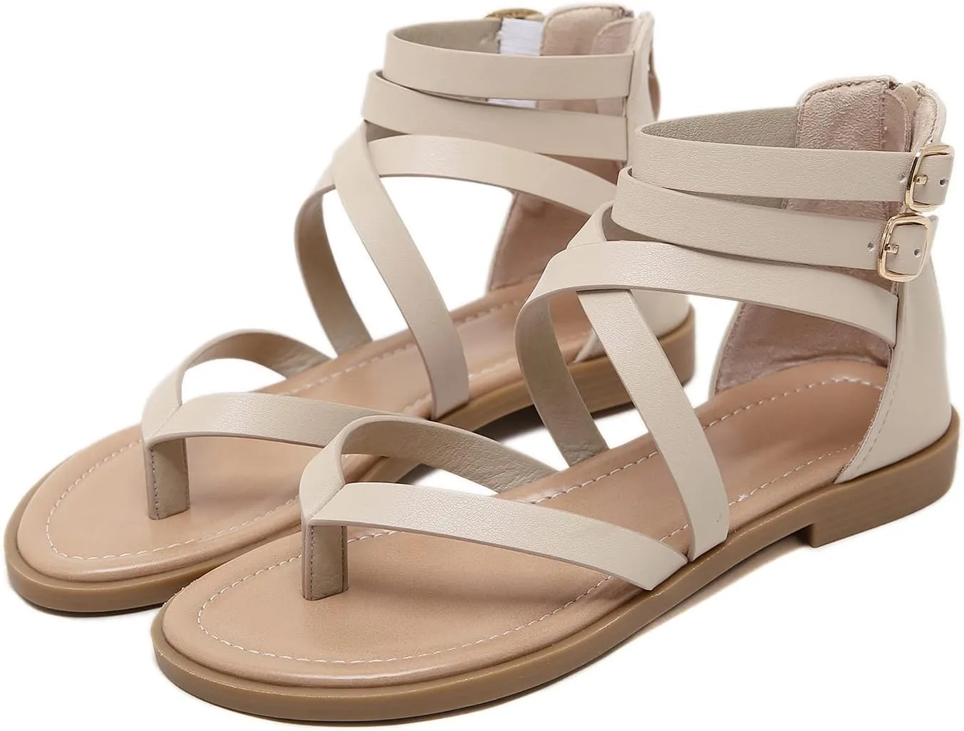 SHIBEVER Gladiator Strappy Sandals for Women: Dressy Summer Comfortable Flat, Back Zipper Roman Comfy Womens Sandals