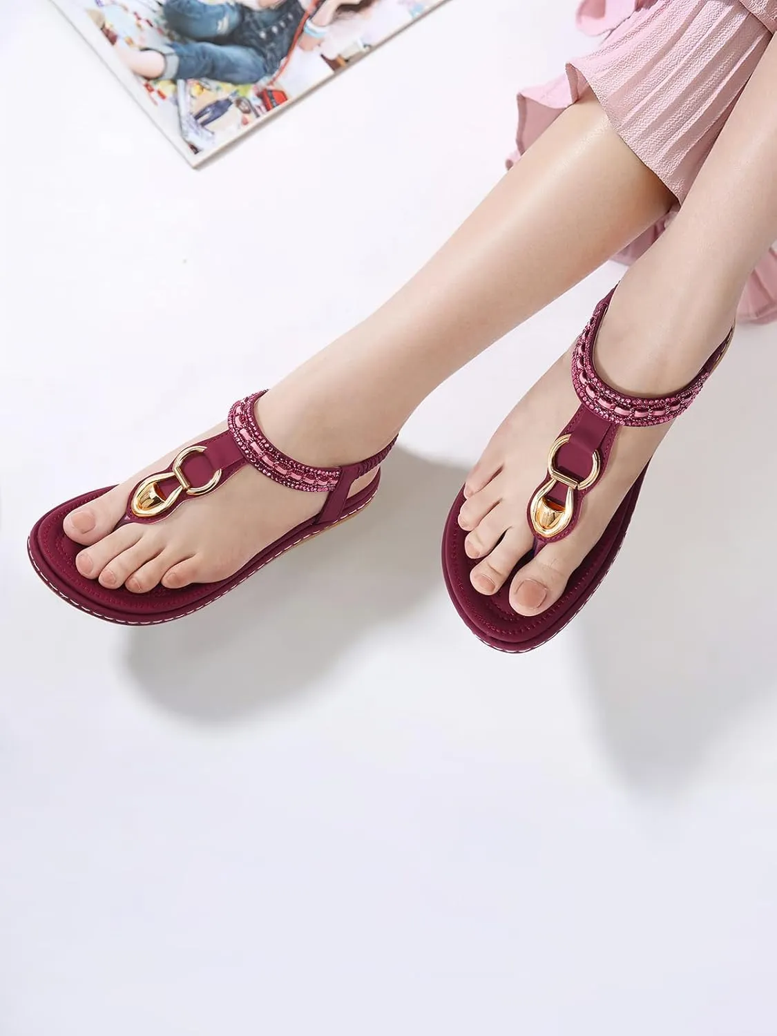 SHIBEVER Womens Sandals Dressy Summer: Women Comfortable Walking Flat Bohemian T-Strap Ladies Casual Comfy Sandals