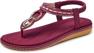 SHIBEVER Womens Sandals Dressy Summer: Women Comfortable Walking Flat Bohemian T-Strap Ladies Casual Comfy Sandals