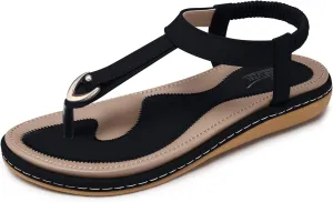 SHIBEVER Womens Sandals Summer Flat: Dressy Casual T-Strap Flip Flop Thong Flats Sandals - Comfortable Walking