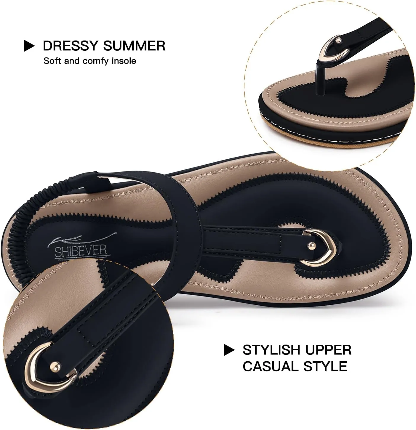 SHIBEVER Womens Sandals Summer Flat: Dressy Casual T-Strap Flip Flop Thong Flats Sandals - Comfortable Walking