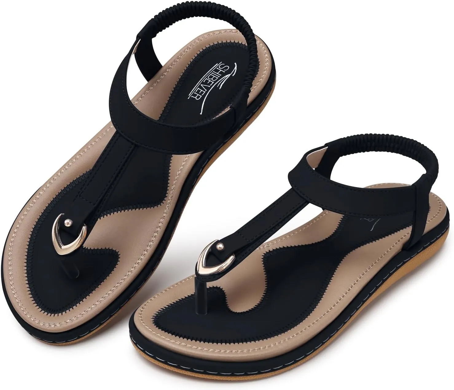 SHIBEVER Womens Sandals Summer Flat: Dressy Casual T-Strap Flip Flop Thong Flats Sandals - Comfortable Walking