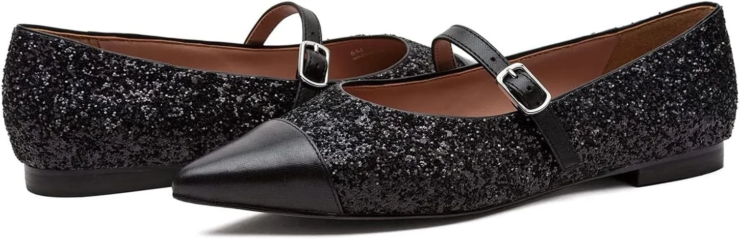 SHODENSE Women Cap Toe Flats Shoes Ankle Strap Pointed Closed Toe Flat Heel Mary Janes Two Tone Comfort 1" Low Chunky Heel Dress Shoes Pumps Office Ladies Driver Ballet Flats 4-10 M US