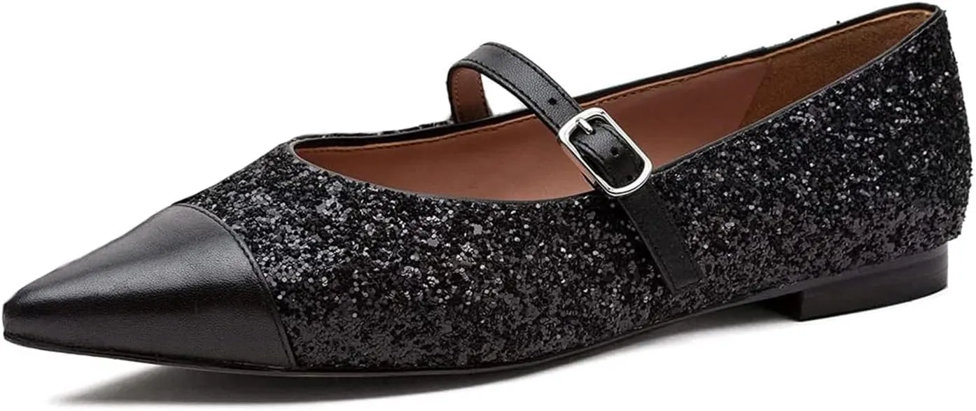 SHODENSE Women Cap Toe Flats Shoes Ankle Strap Pointed Closed Toe Flat Heel Mary Janes Two Tone Comfort 1" Low Chunky Heel Dress Shoes Pumps Office Ladies Driver Ballet Flats 4-10 M US