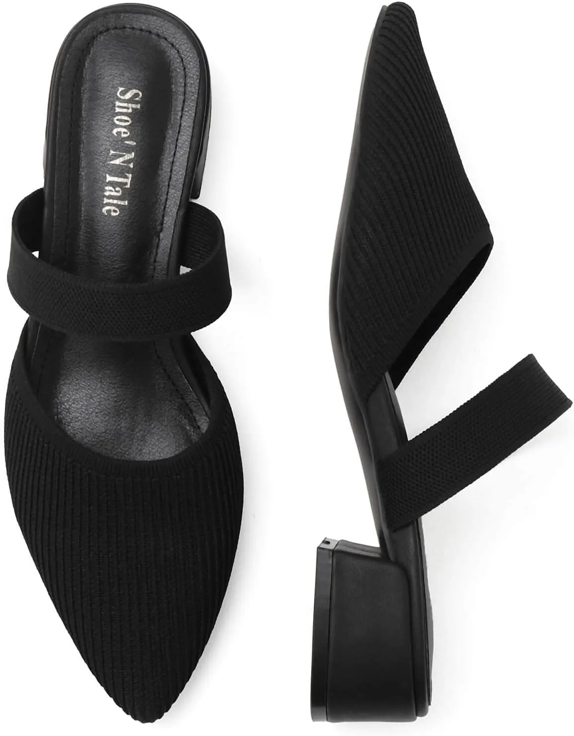 Shoe'N Tale Pointed Toe Mules for Women Heels Knit Heeled Sandals Low Chunky Block Heel Slip-on Slide Shoes