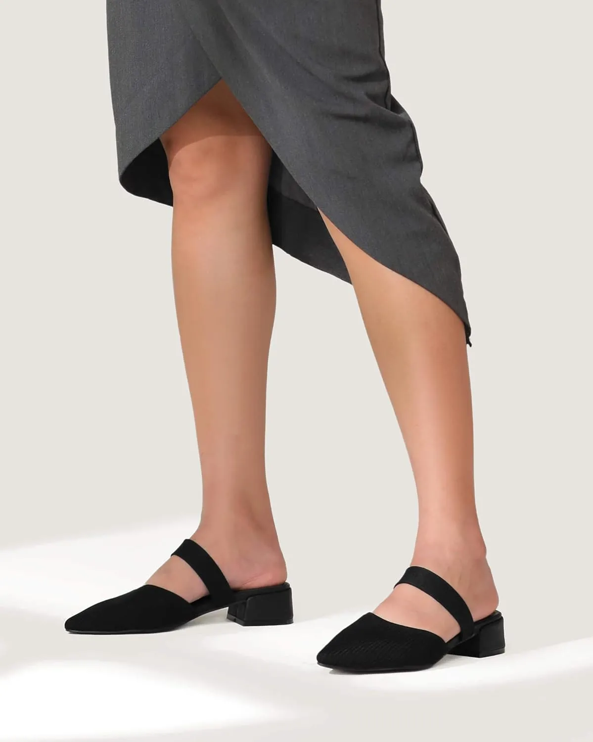 Shoe'N Tale Pointed Toe Mules for Women Heels Knit Heeled Sandals Low Chunky Block Heel Slip-on Slide Shoes