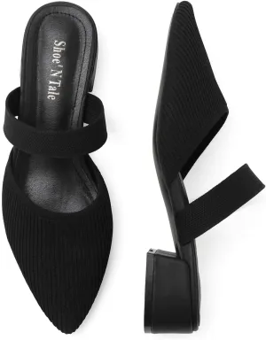Shoe'N Tale Pointed Toe Mules for Women Heels Knit Heeled Sandals Low Chunky Block Heel Slip-on Slide Shoes