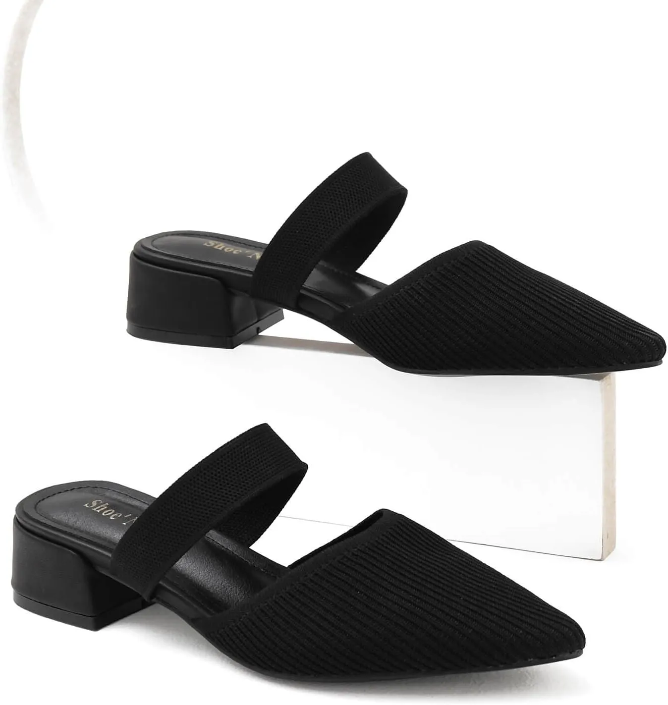 Shoe'N Tale Pointed Toe Mules for Women Heels Knit Heeled Sandals Low Chunky Block Heel Slip-on Slide Shoes