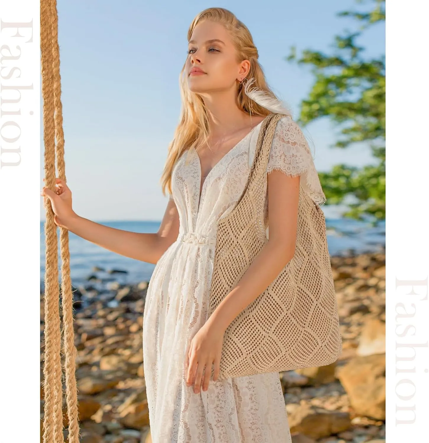 Sightor Crochet Tote Bag, Mesh Beach Bag Knit Summer Hobo Bag Vacation Boho Tote Bag for Women