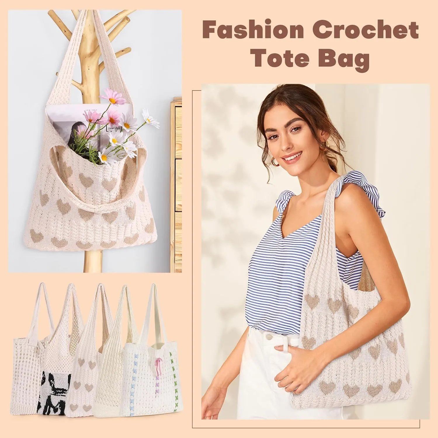 Sightor Crochet Tote Bag, Mesh Beach Bag Knit Summer Hobo Bag Vacation Boho Tote Bag for Women