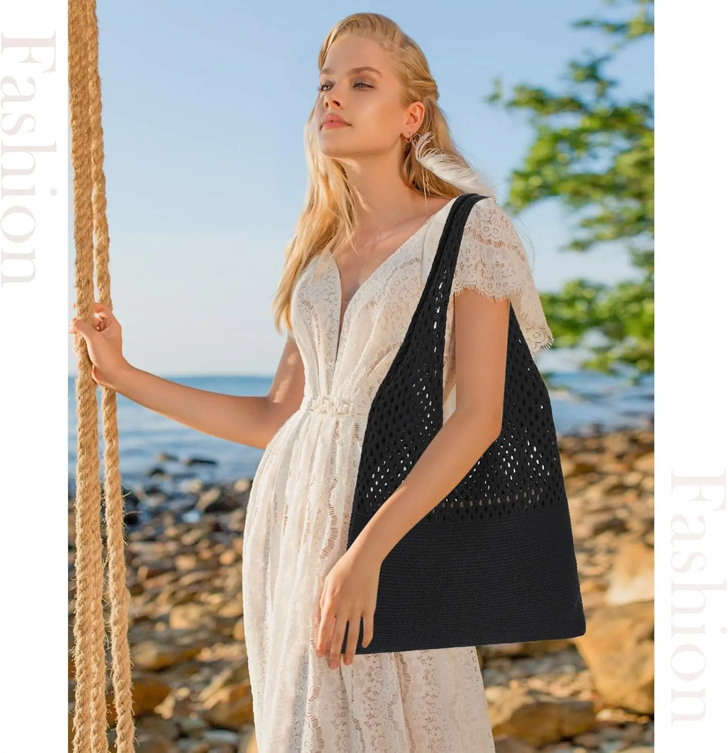 Sightor Crochet Tote Bag, Mesh Beach Bag Knit Summer Hobo Bag Vacation Boho Tote Bag for Women