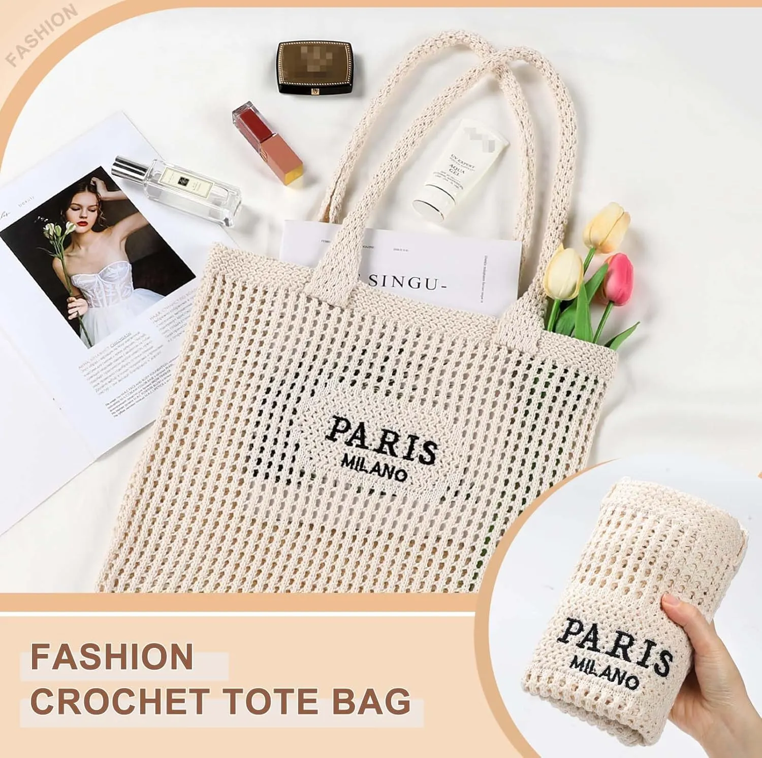 Sightor Crochet Tote Bag, Mesh Beach Bag Knit Summer Hobo Bag Vacation Boho Tote Bag for Women