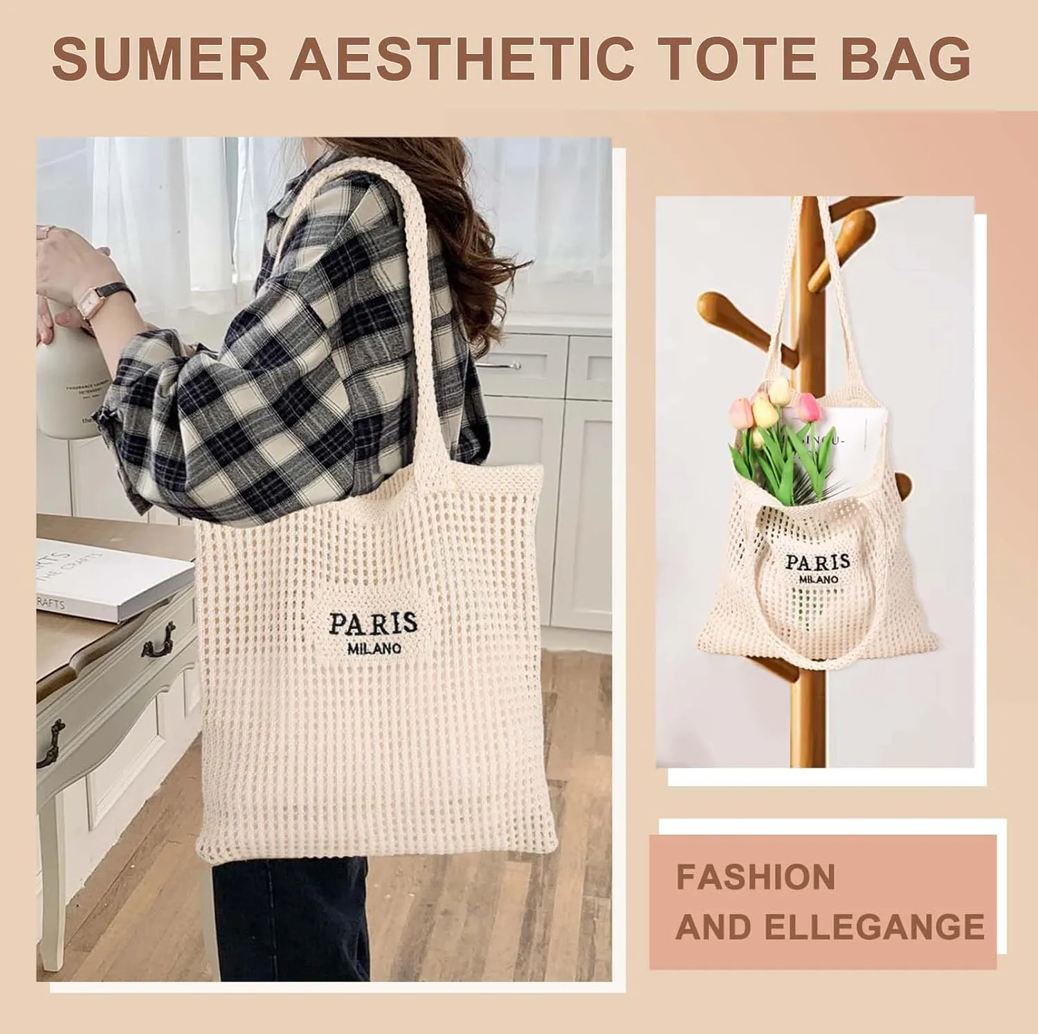 Sightor Crochet Tote Bag, Mesh Beach Bag Knit Summer Hobo Bag Vacation Boho Tote Bag for Women