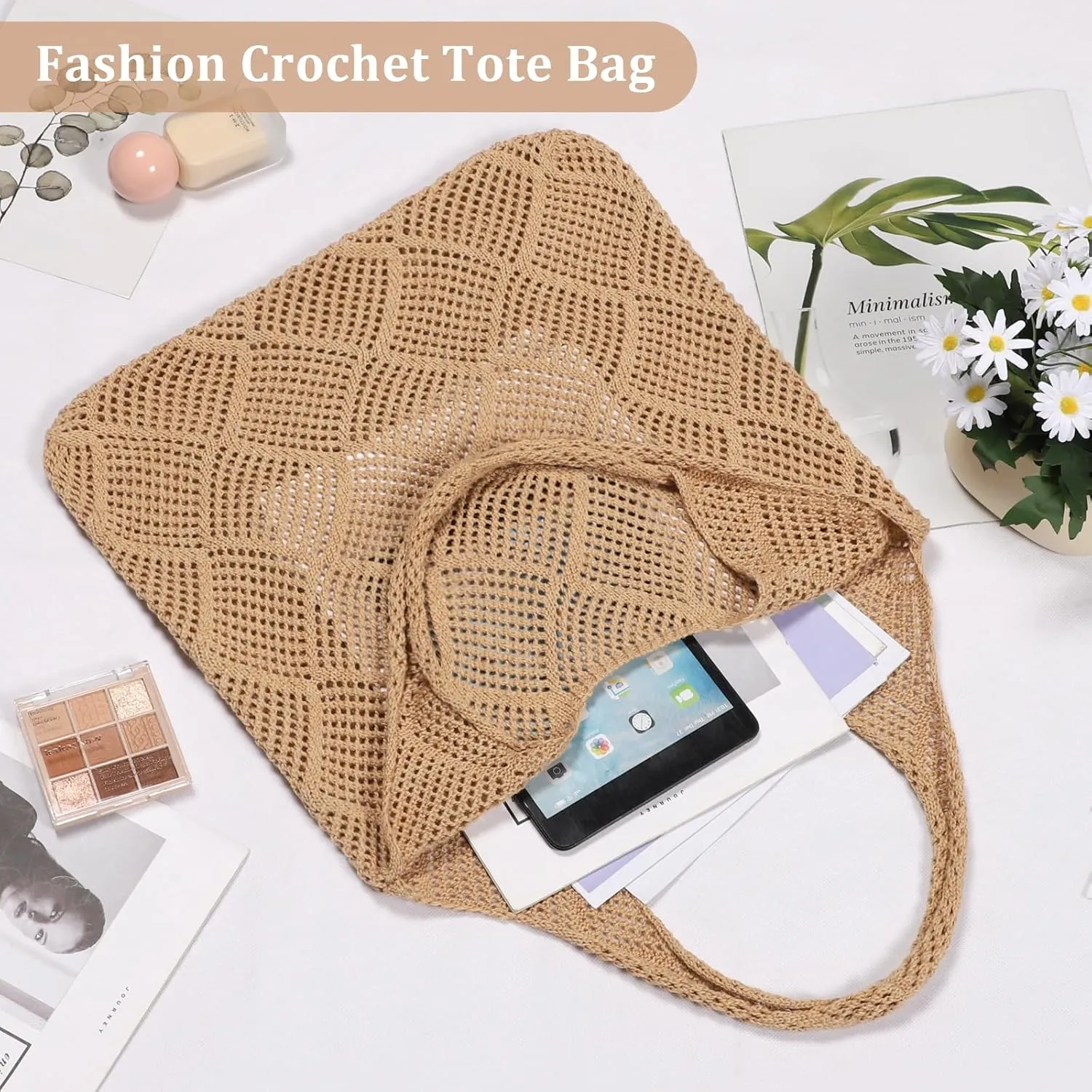 Sightor Crochet Tote Bag, Mesh Beach Bag Knit Summer Hobo Bag Vacation Boho Tote Bag for Women