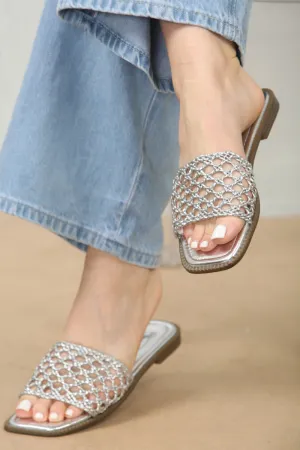Silver Mesh Detailed Strap Flat Sandals
