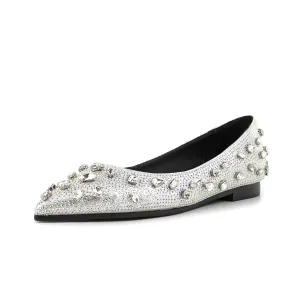 Silver Pointed Toe Comfortable Flats with Rhinestone